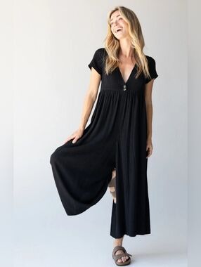 NATURAL LIFE Black Avery Short Sleeve Jumpsuit Crop Wide Leg Summer Spring XS